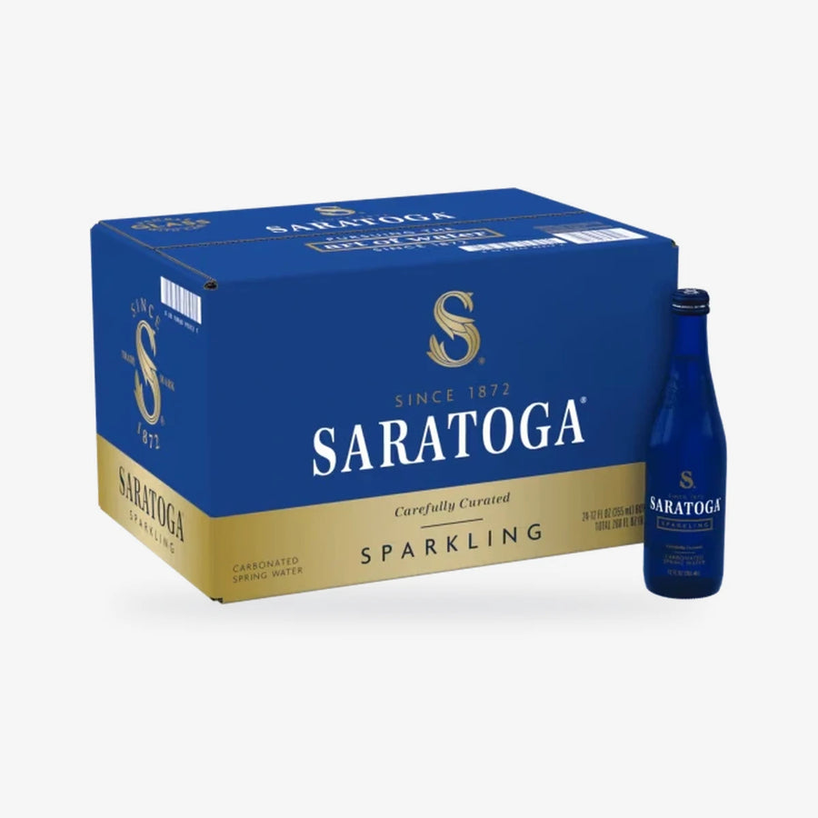 Case of 24 Saratoga Sparkling Spring Water 12 oz cobalt blue glass bottles