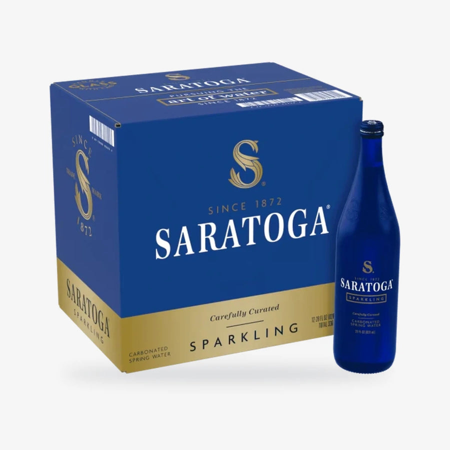 Case of 12 Saratoga Sparkling Spring Water 28 oz cobalt blue glass bottles